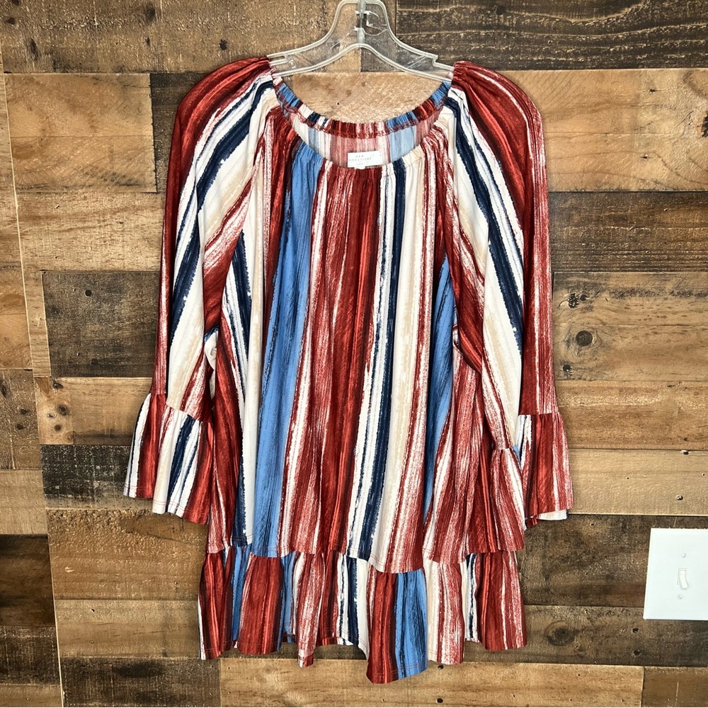 New Directions Curvy Women’s Multicolor Stripe Blouse Bell Sleeve Top Size 2XL